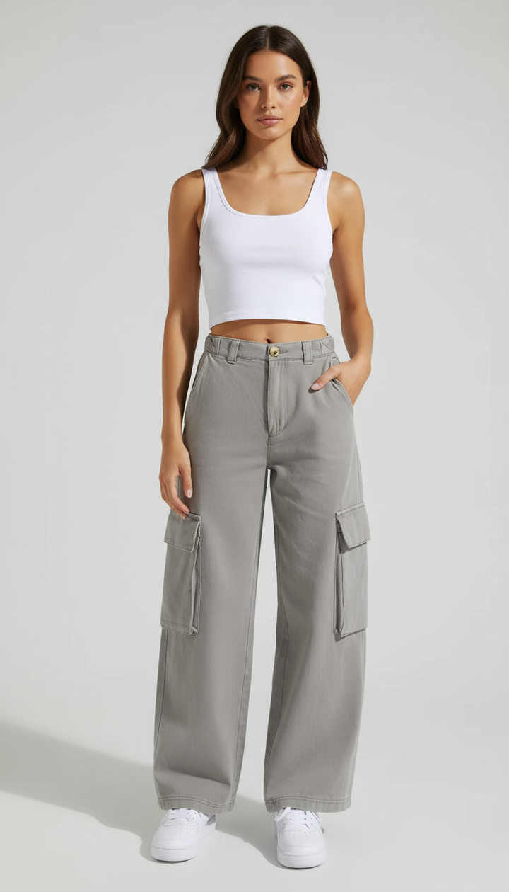 High-Waisted Wide-Leg Cargo Trousers – Light Grey | Women's Utility Pants