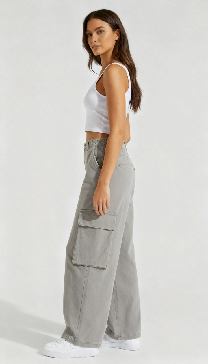 High-Waisted Wide-Leg Cargo Trousers – Light Grey | Women's Utility Pants