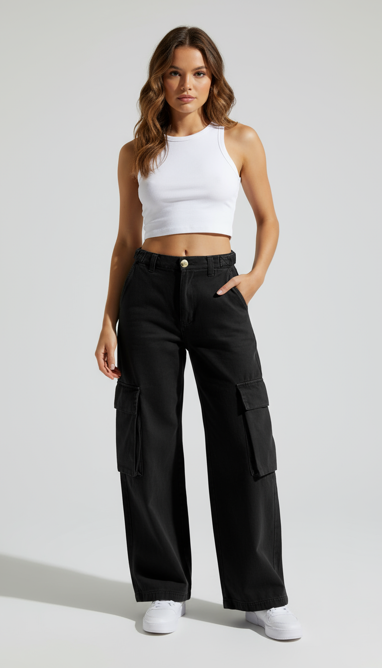 High-Waisted Wide-Leg Cargo Trousers – Light Grey | Women's Utility Pants