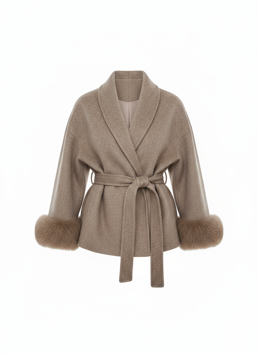 Belted Wool-Blend Wrap Coat with Faux Fur Cuffs