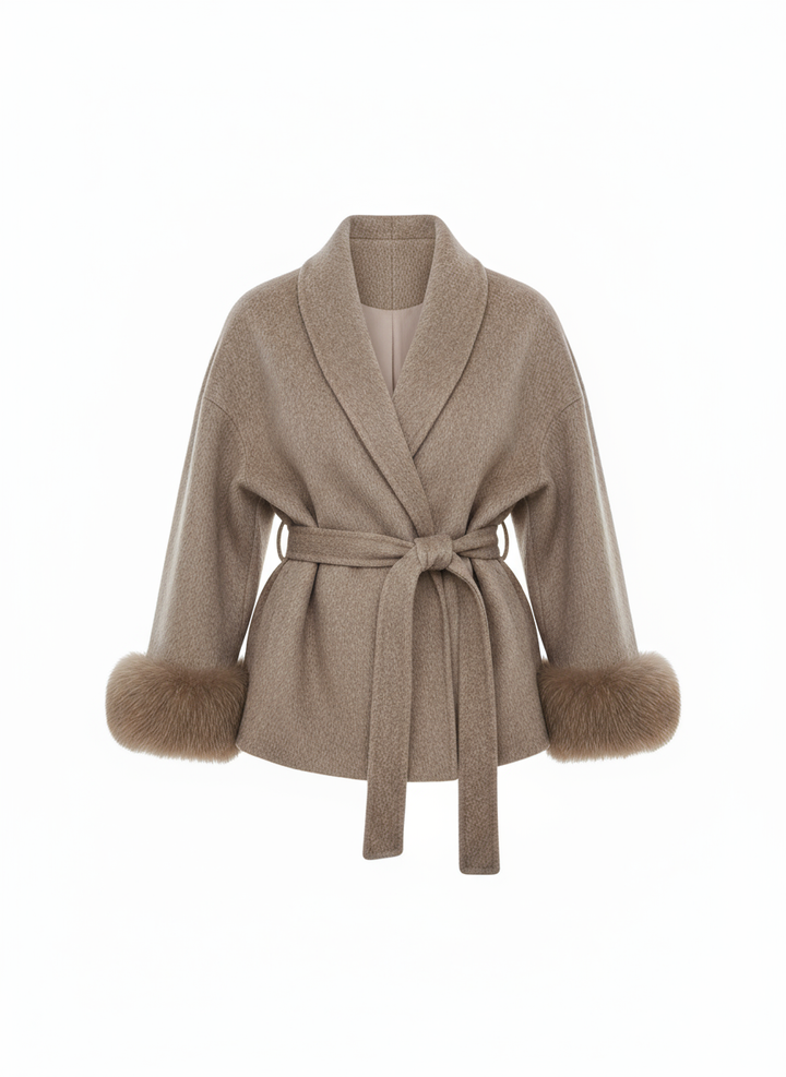Belted Wool-Blend Wrap Coat with Faux Fur Cuffs