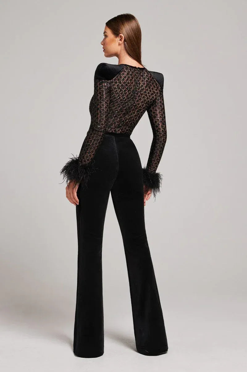 Jumpsuit with Velvet Flared Pants and Sequin Top for Women