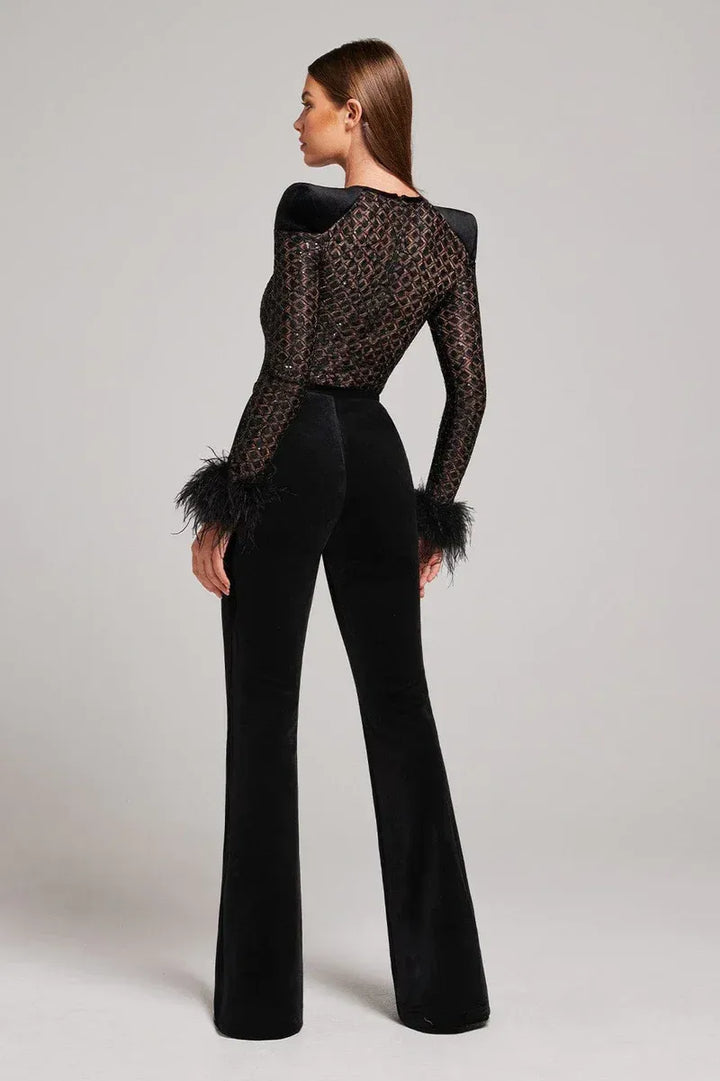 Jumpsuit with Velvet Flared Pants and Sequin Top for Women