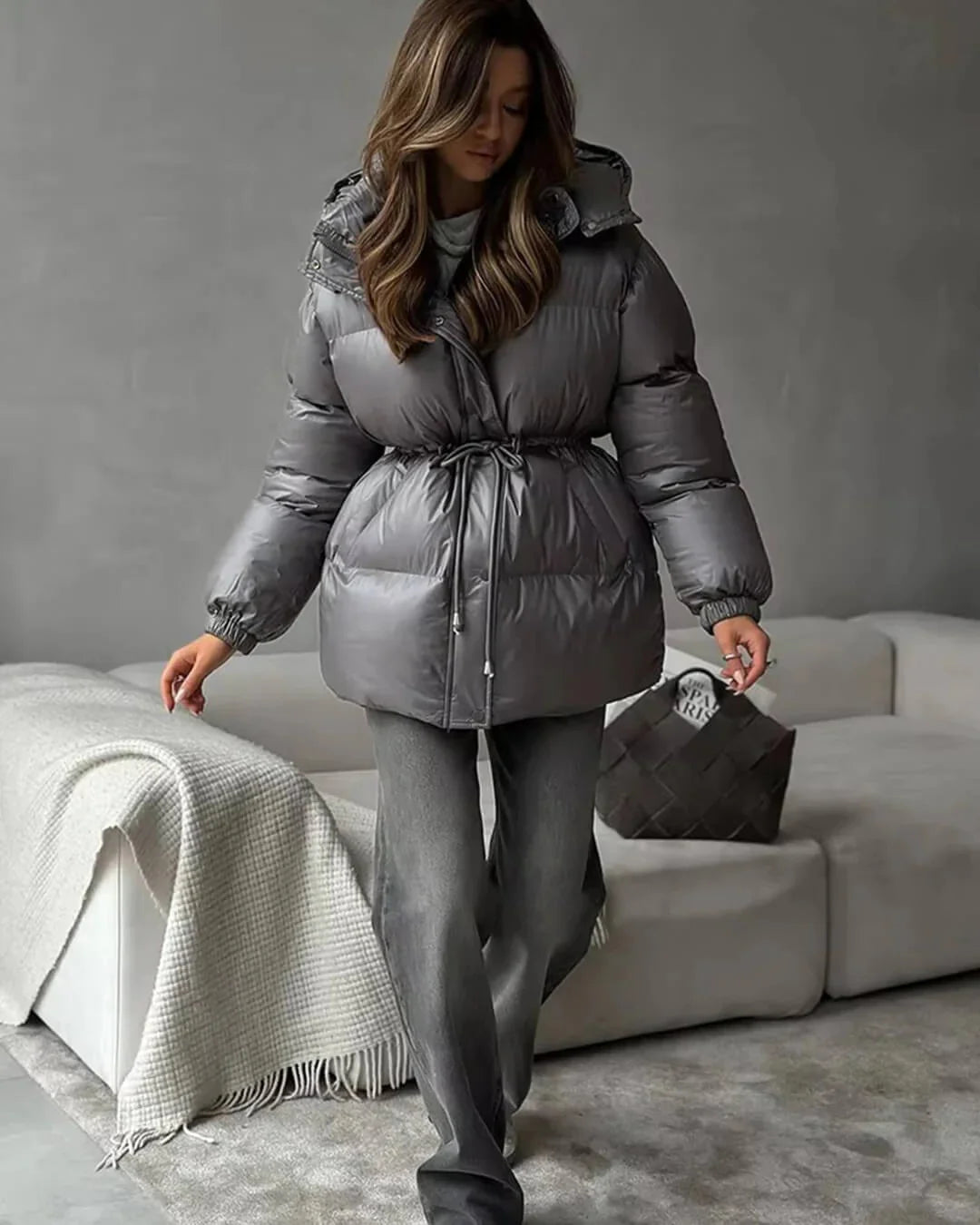 Hooded Puffer Jacket with Drawstring Waist for Women