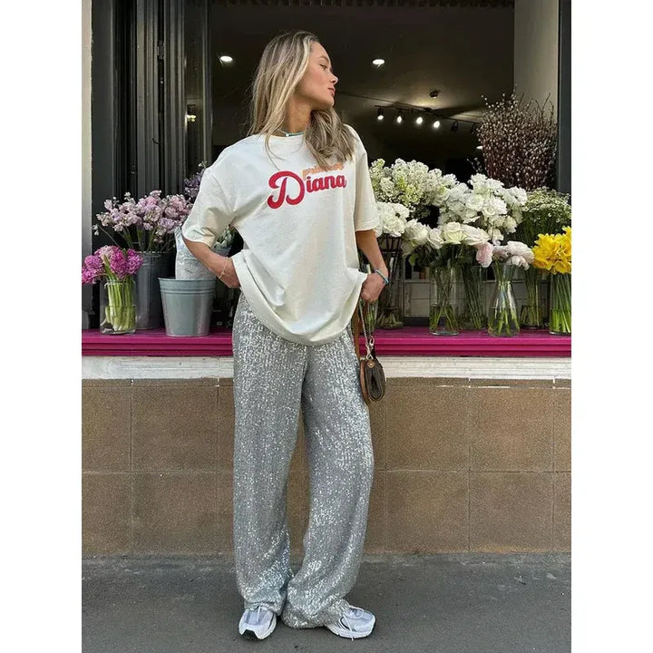 Sequin Wide Leg High Waisted Pants for Women