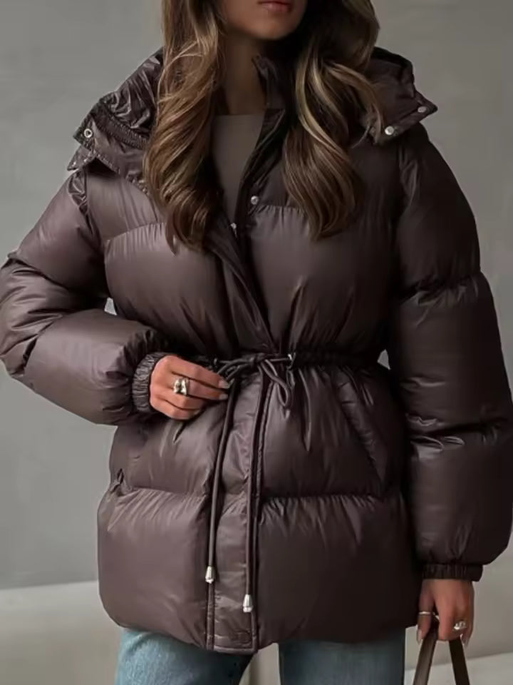 Hooded Puffer Jacket with Drawstring Waist for Women