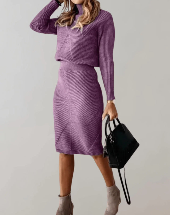 Knit Turtle Neck Sweater with Skirt Set for Women