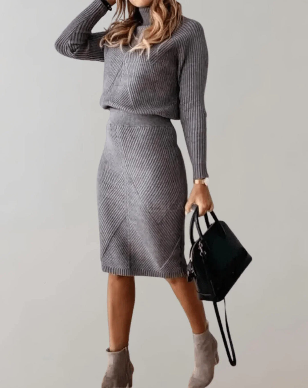Knit Turtle Neck Sweater with Skirt Set for Women