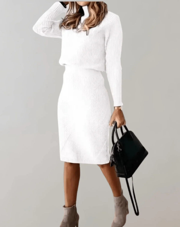 Knit Turtle Neck Sweater with Skirt Set for Women