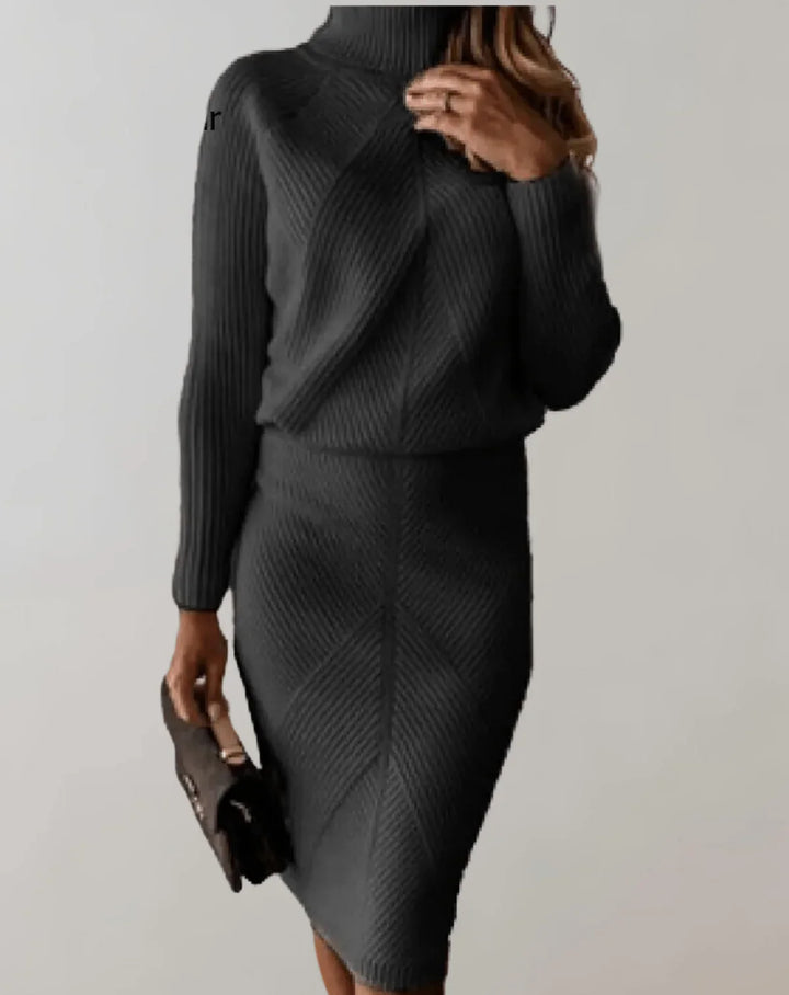 Knit Turtle Neck Sweater with Skirt Set for Women