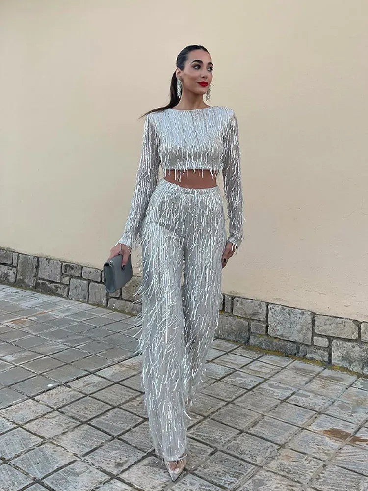 Fringed Sequin High Waisted Crop Top Pants Set for Women
