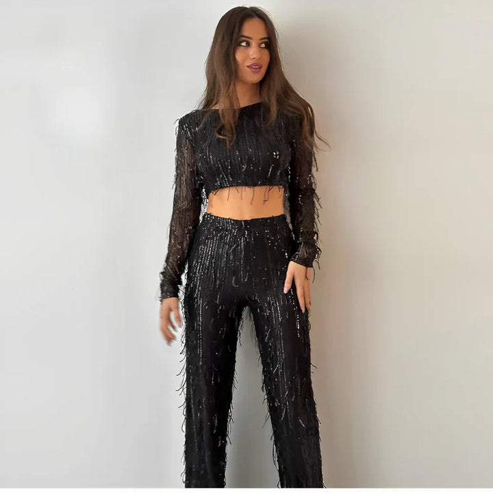 Fringed Sequin High Waisted Crop Top Pants Set for Women