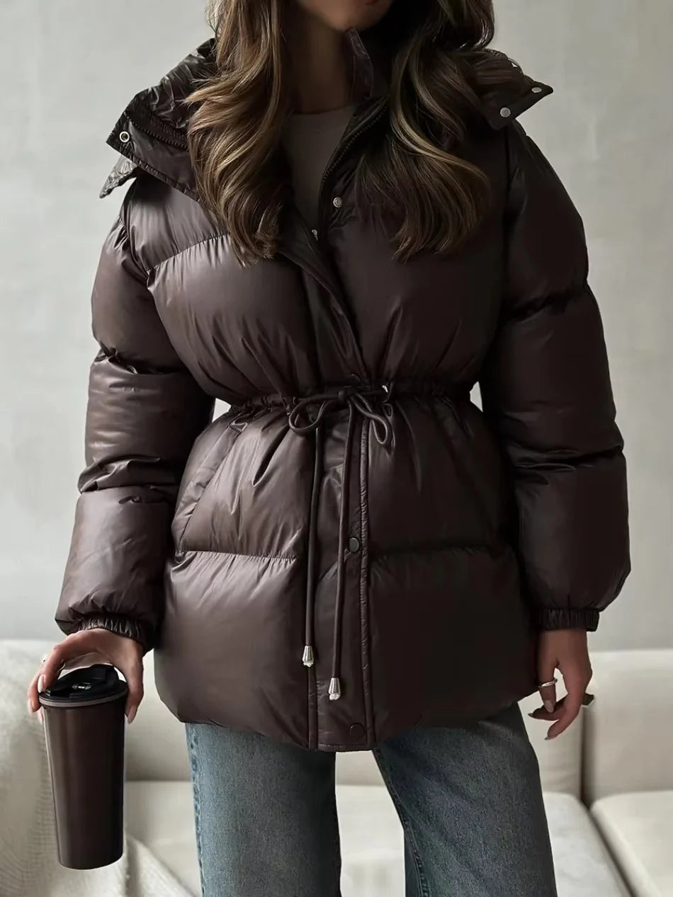 Hooded Puffer Jacket with Drawstring Waist for Women