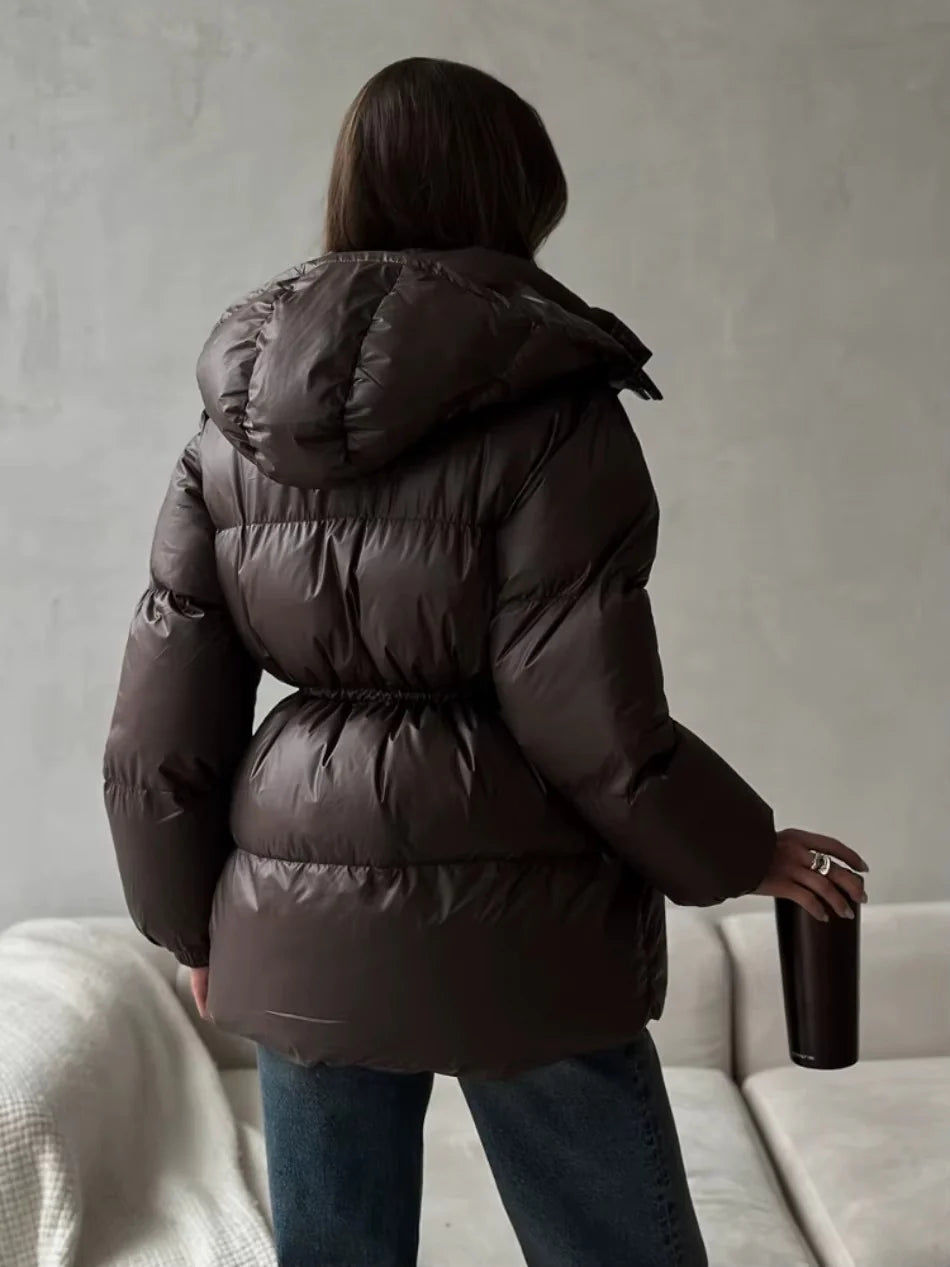 Hooded Puffer Jacket with Drawstring Waist for Women