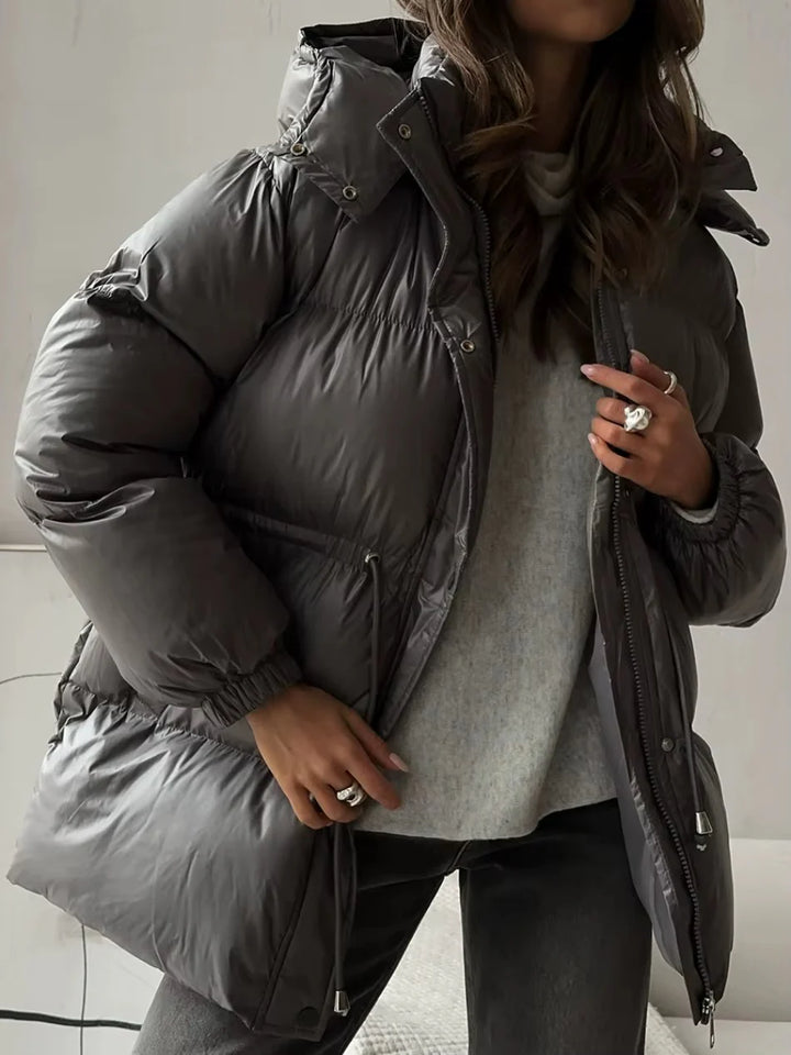 Hooded Puffer Jacket with Drawstring Waist for Women