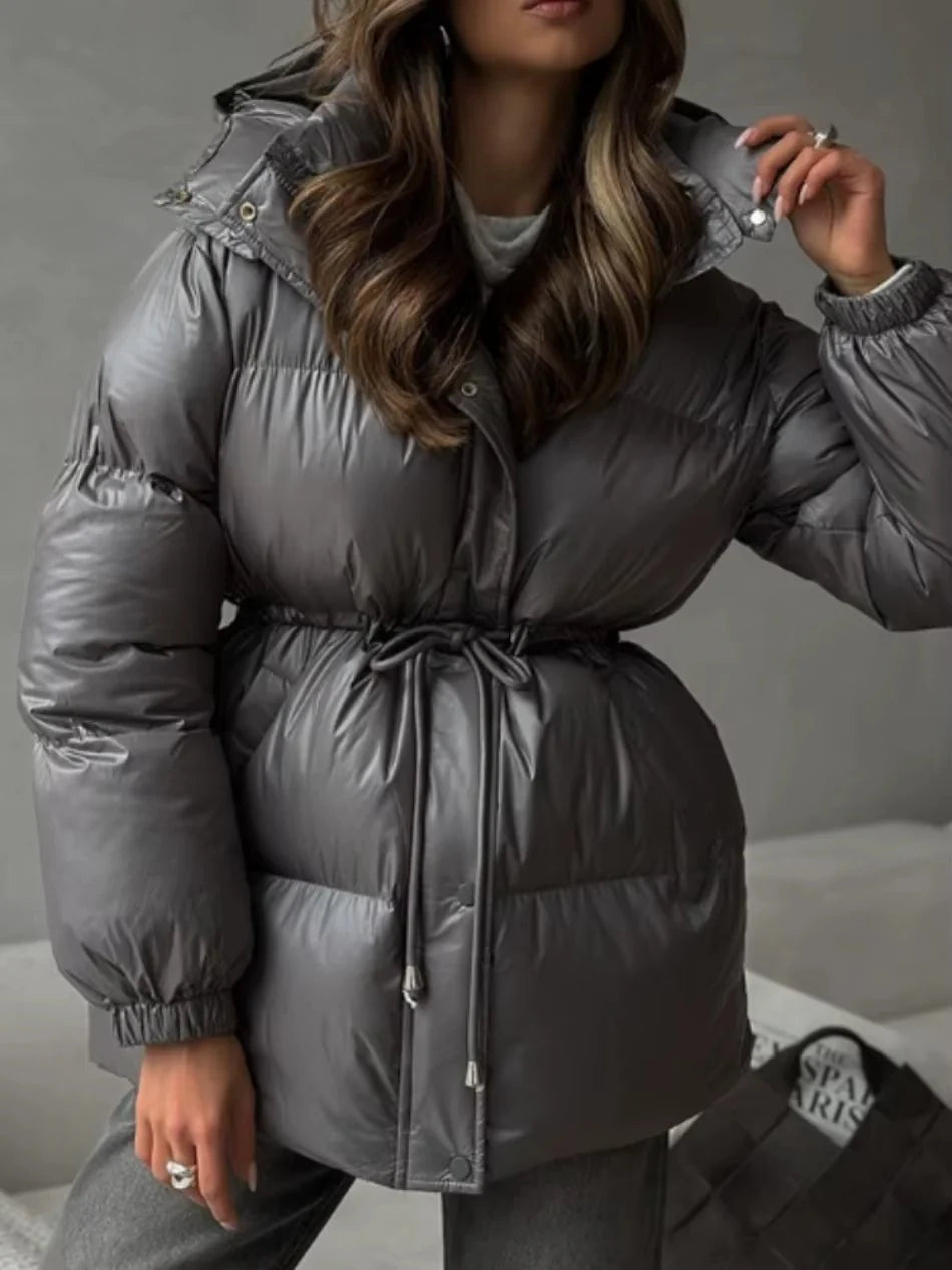 Hooded Puffer Jacket with Drawstring Waist for Women