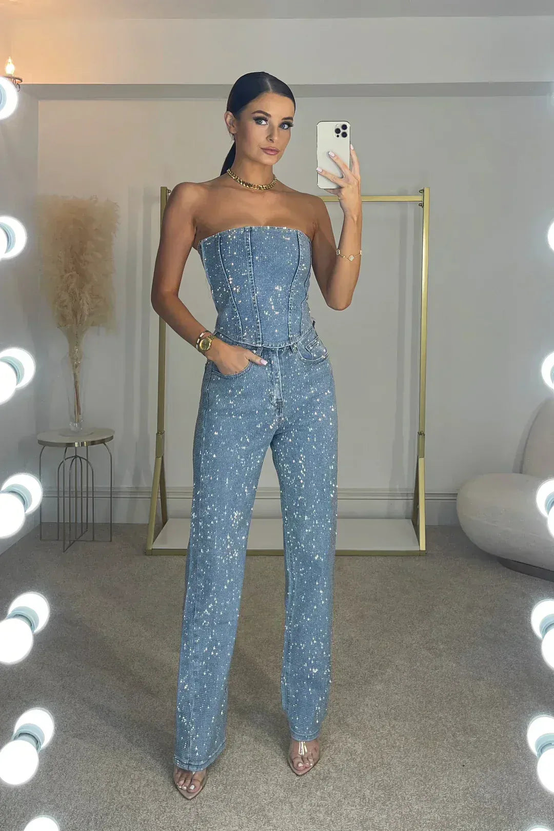 Sequin Denim Strapless Corset Wide Leg Pants Set for Women