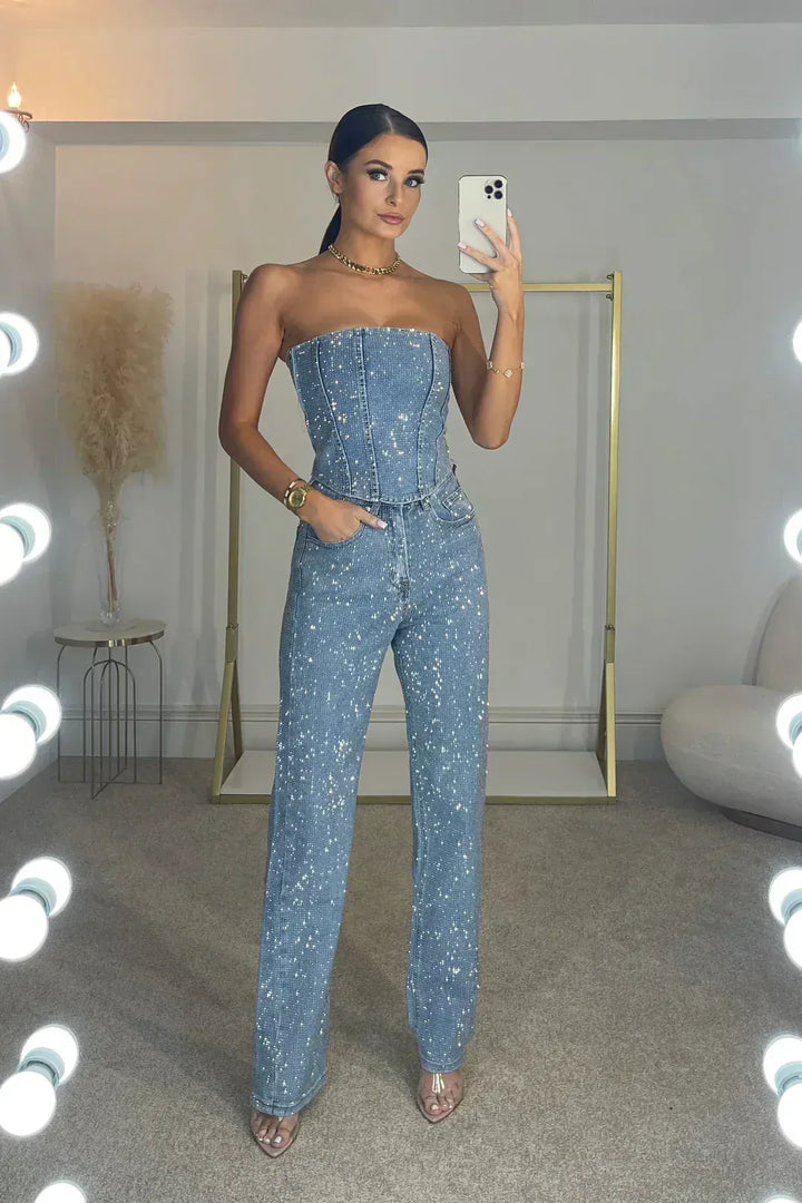 Sequin Denim Strapless Corset Wide Leg Pants Set for Women