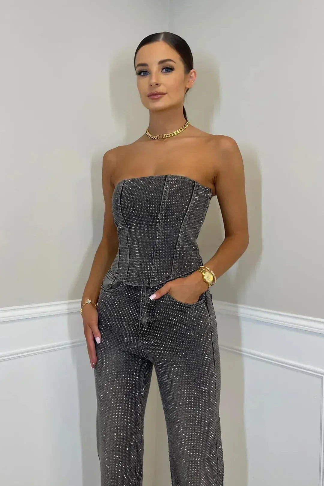 Sequin Denim Strapless Corset Wide Leg Pants Set for Women