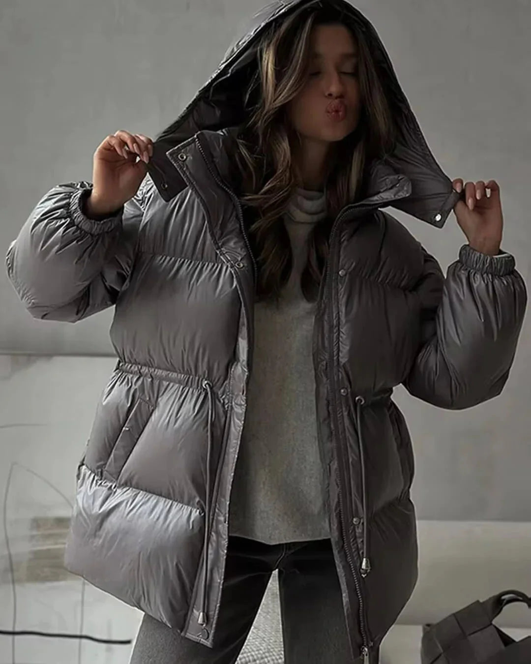 Hooded Puffer Jacket with Drawstring Waist for Women